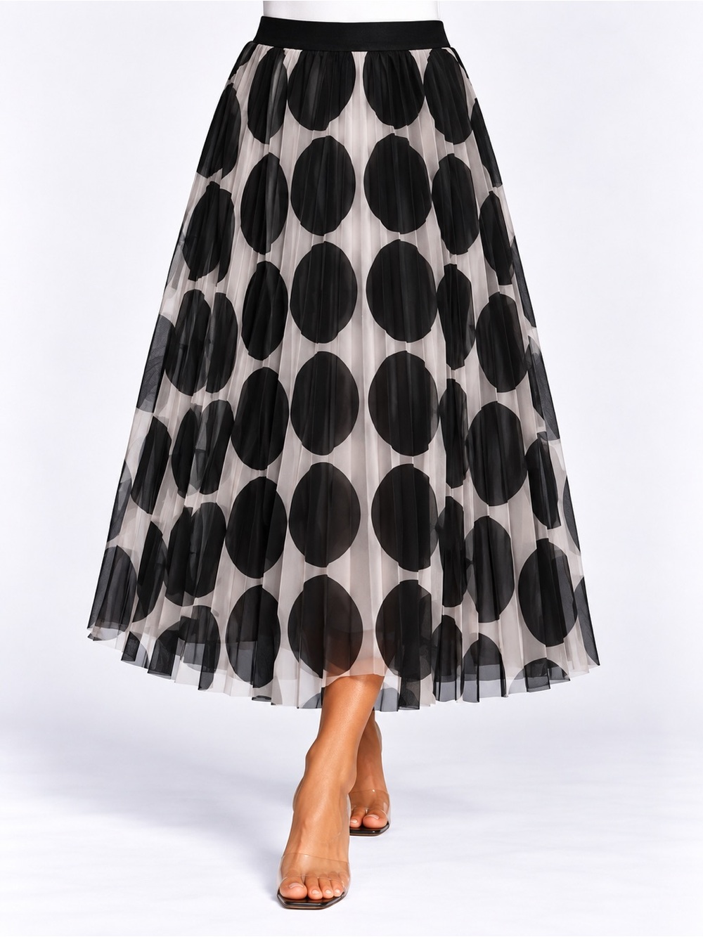 Studio West Medium Black White Polka Dot Pleated Midi Skirt